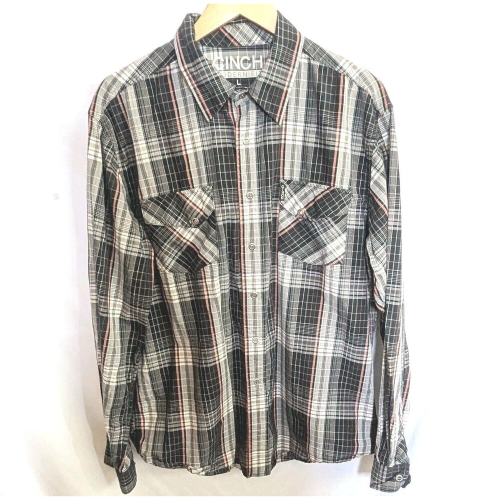 Cinch Mens Large Black Plaid Long Sleeve Modern Fit Western Rodeo Snap Buttons